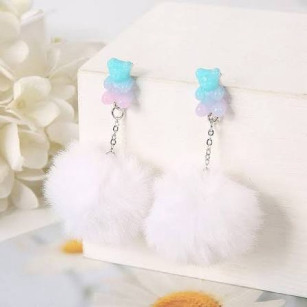 Kids Pom Pom Dangle Earrings with Pastel Bear Accent - White